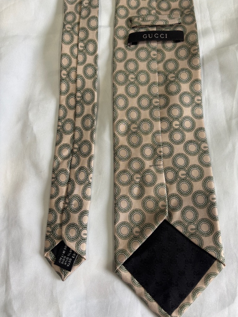 Gucci Beige Silk Tie with Green Circular Motif